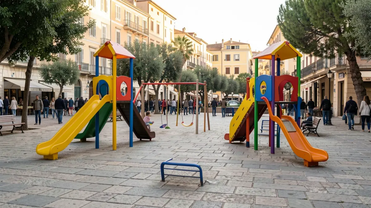 Generic image of an urban playground with modern play structures.