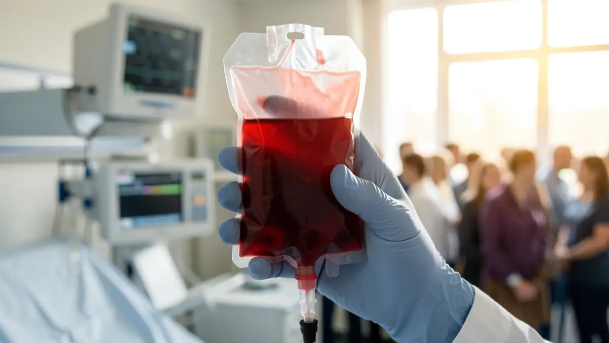 Close-up of a blood bag with out-of-focus medical equipment in the background.