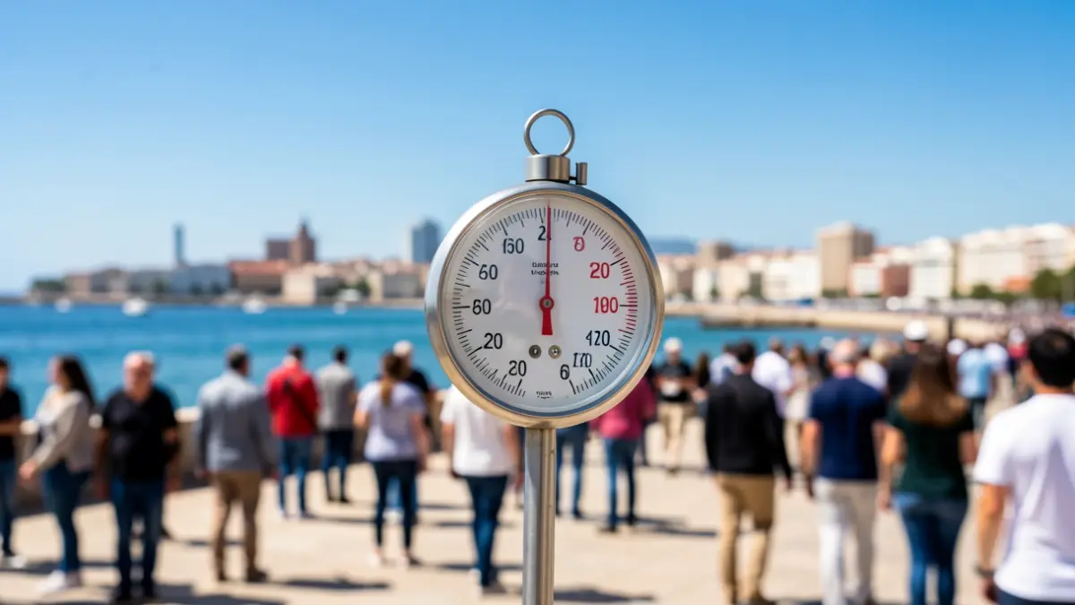 Termómetro mostrando alta temperatura en la costa de Málaga con sol intenso.