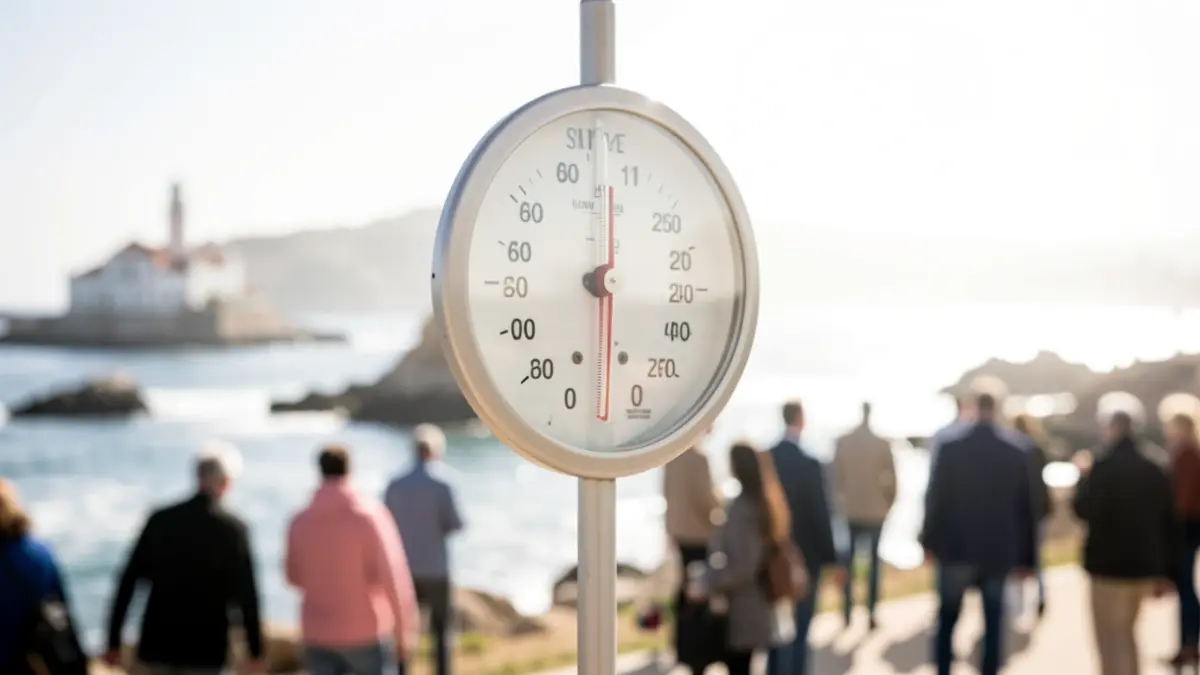 Thermometer showing high temperature on the Andalusian coast with intense sun and hazy sky.