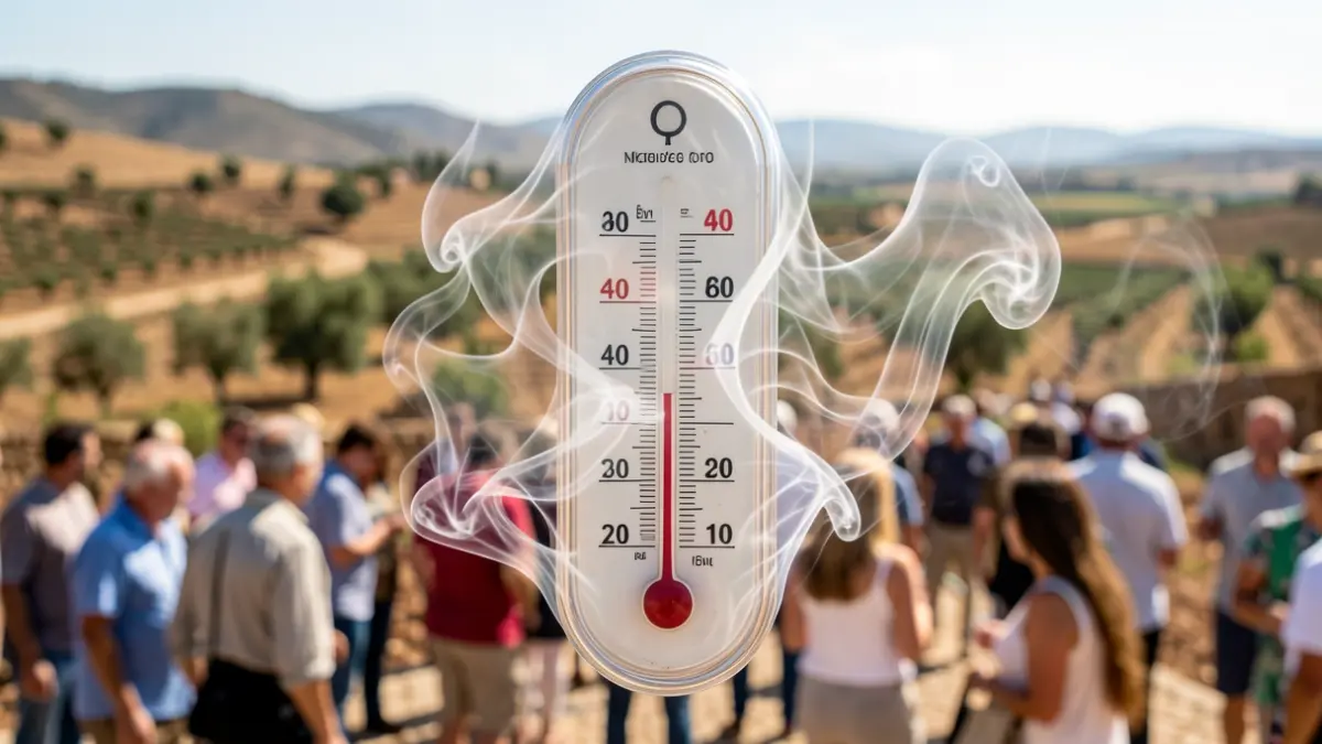 Termómetro marcando alta temperatura con paisaje andaluz al fondo bajo el sol.