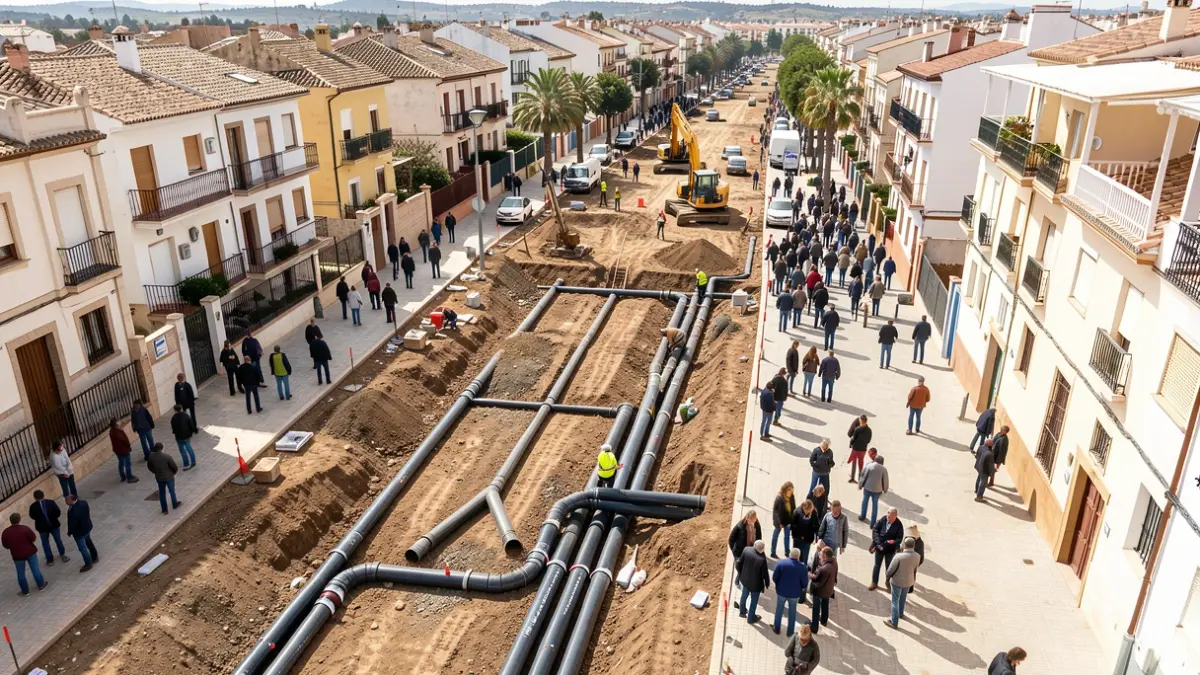 Vista aérea de obras de infraestructura urbana para la separación de redes de saneamiento y pluviales en Málaga.