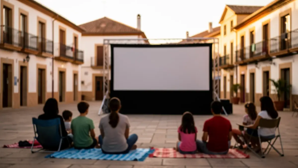 Pantalla de cine de verano al aire libre en una plaza de Manilva con familias disfrutando de la película.
