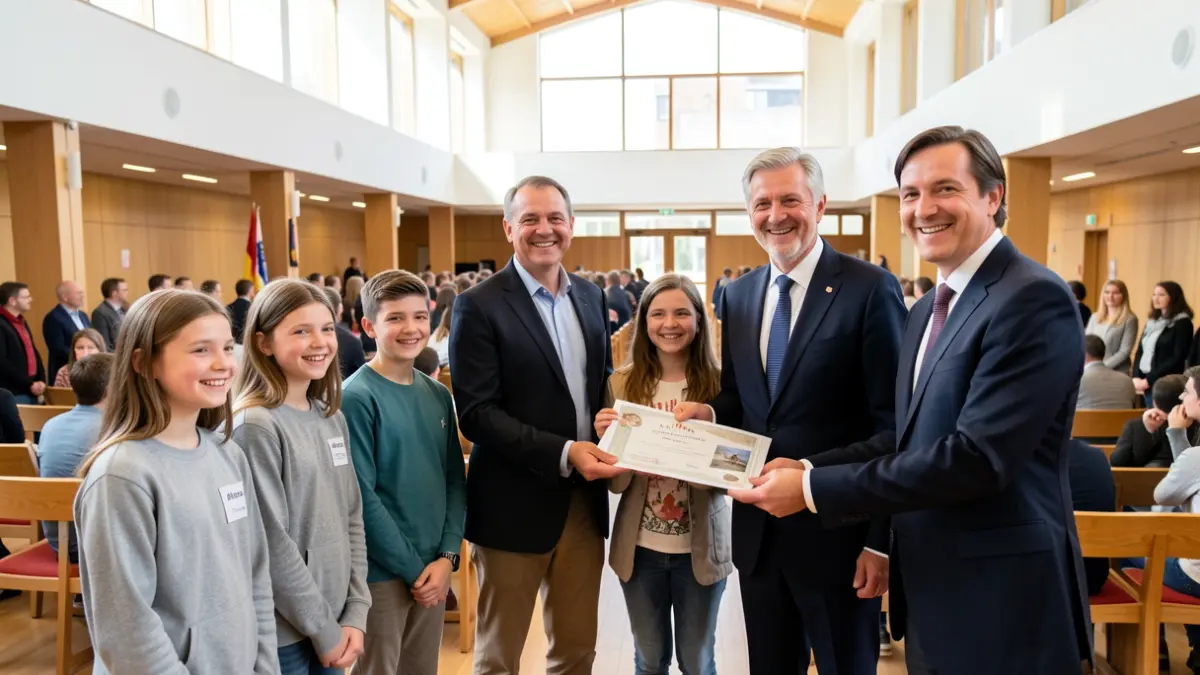 Generic image of an official recognition ceremony for students at a town hall.