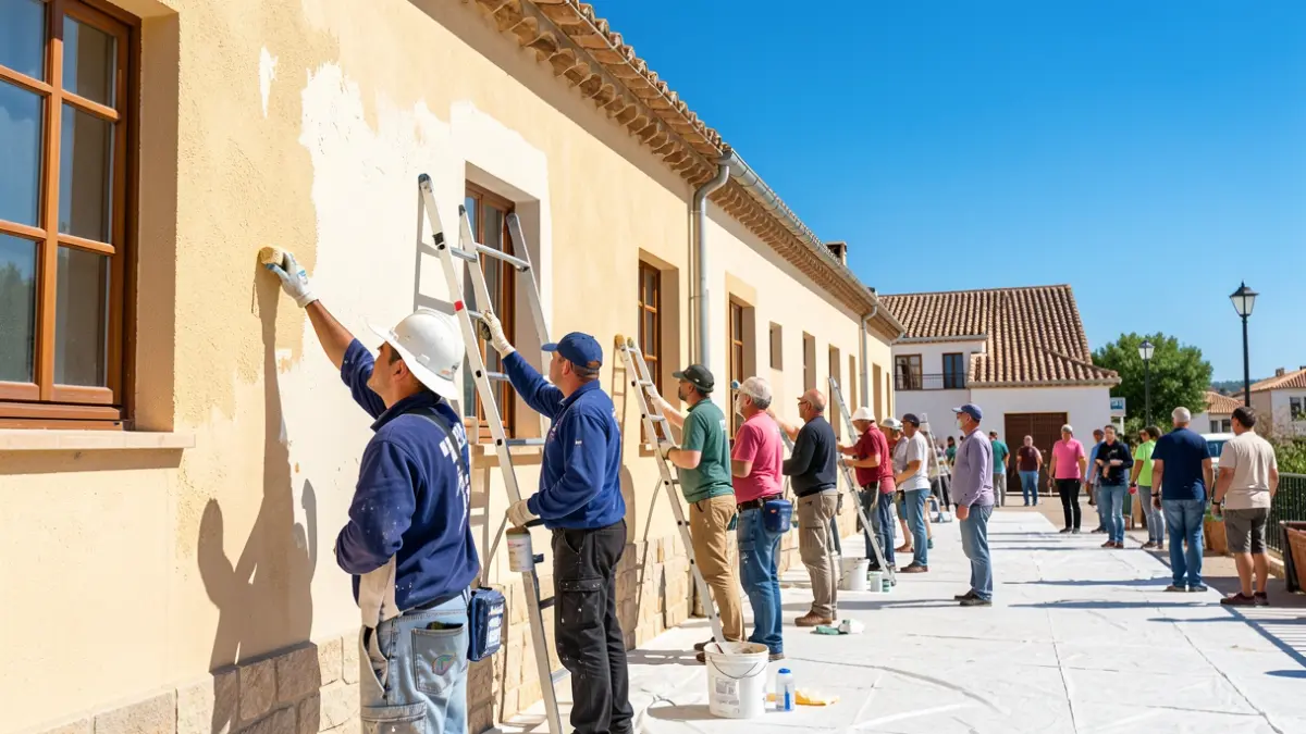 Municipal workers painting a school in Mijas.