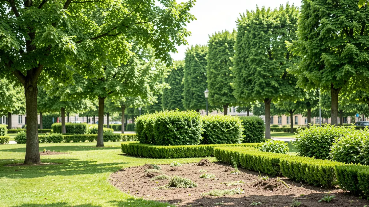 Generic image of a municipal park with gardening work.