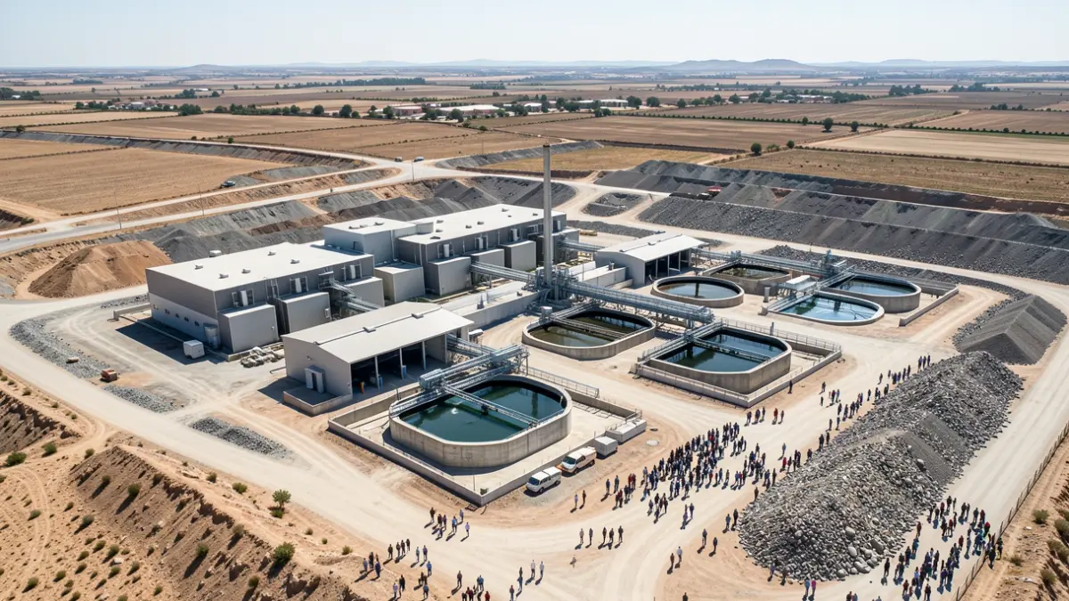 Vista aérea de un complejo industrial para el tratamiento de residuos mineros en Tharsis.