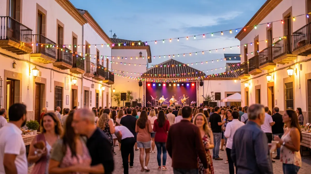 Andalusian town square illuminated by festival lights at dusk, with people enjoying themselves and music on a stage.
