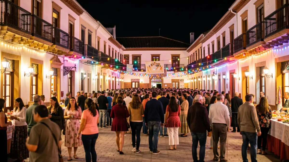 Plaza de un pueblo andaluz por la noche durante unas fiestas, con luces de colores y arquitectura tradicional.