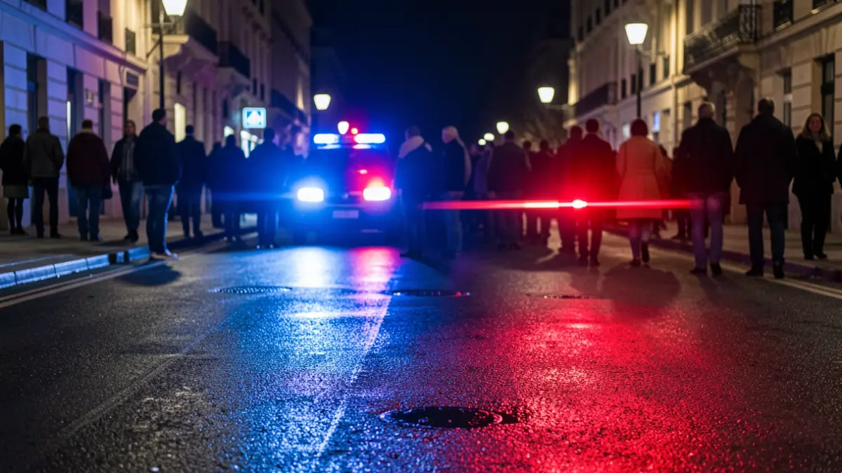 Generic image of police emergency lights reflecting on wet asphalt.