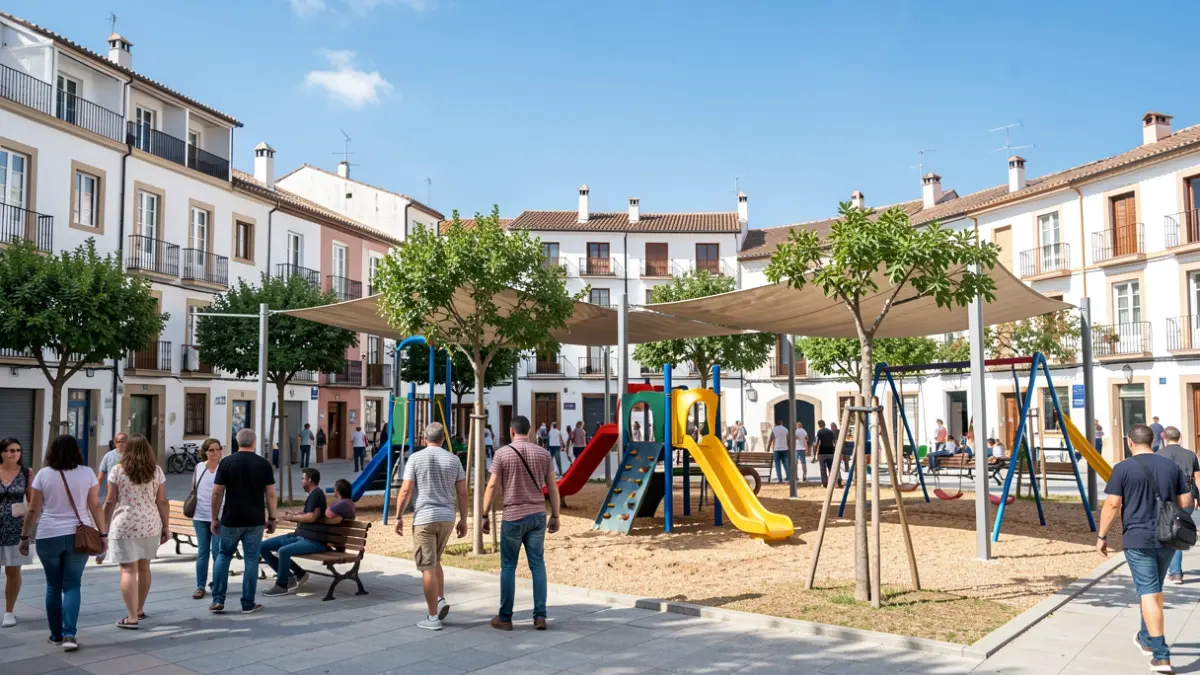Generic image of a modern public park with playground equipment and shaded areas.