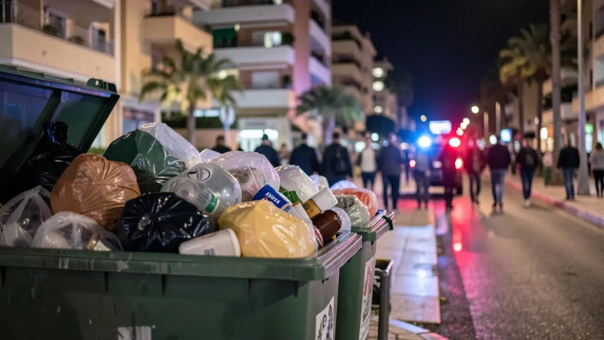 Overflowing trash cans on a street in Marbella at night, with police lights reflecting on the wet pavement.
