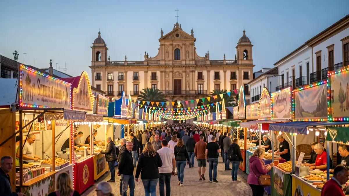 Generic image of an Andalusian fair with stalls and lights.
