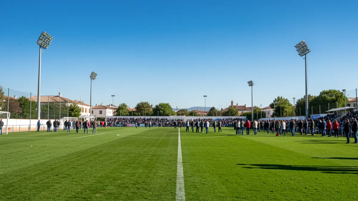 Green grass football field in an Andalusian municipal sports complex.