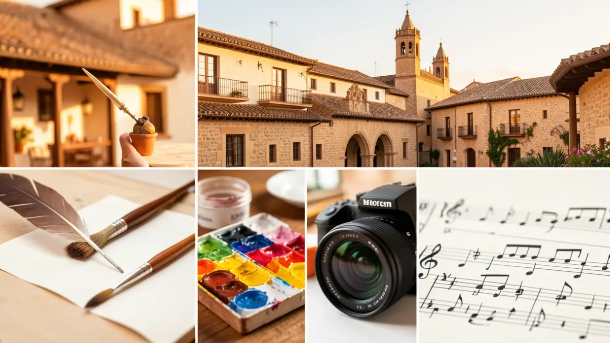 Collage de disciplinas artísticas como escritura, pintura, fotografía y música, con el fondo arquitectónico de Martos.