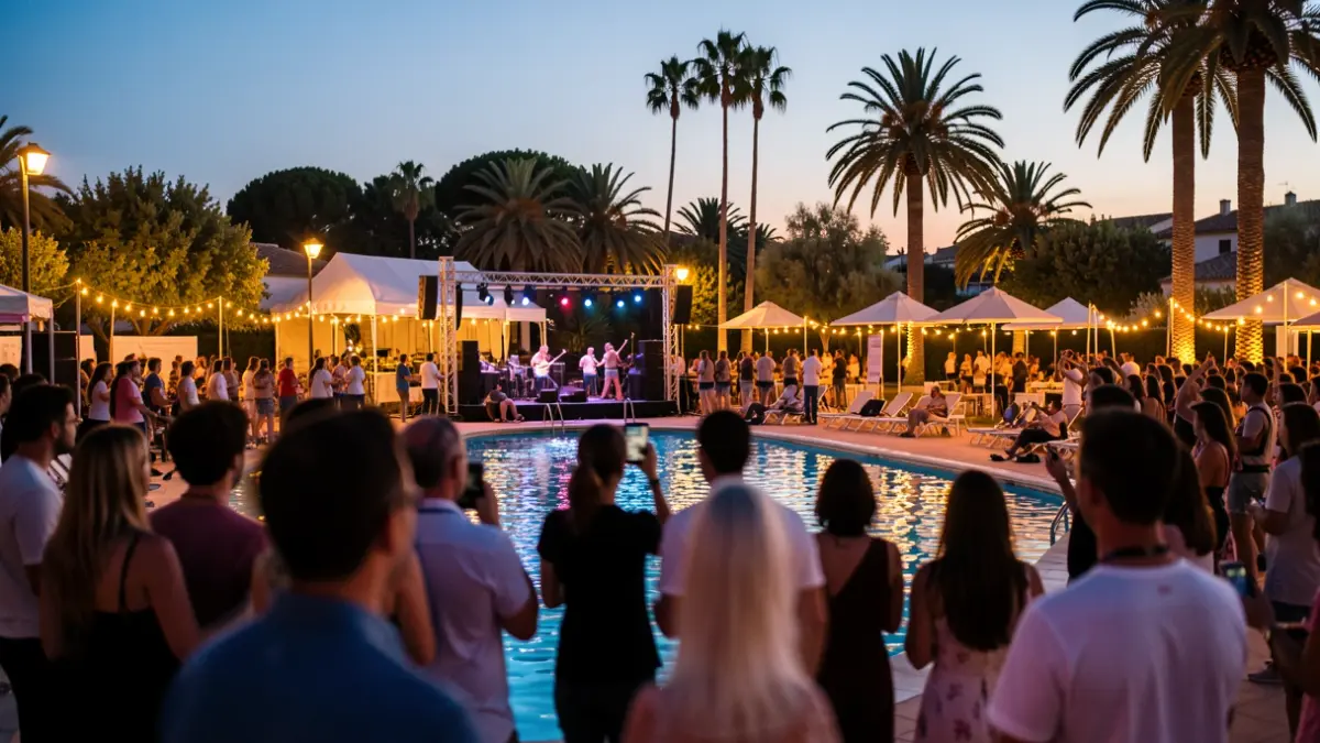 Generic image of an outdoor music festival in Andalucía at dusk, with a crowd enjoying themselves near a swimming pool.