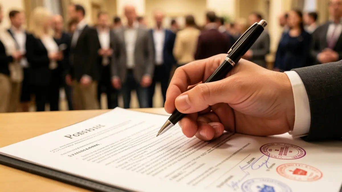 Primer plano de una mano con un bolígrafo sobre un documento oficial, simbolizando el proceso de solicitud.