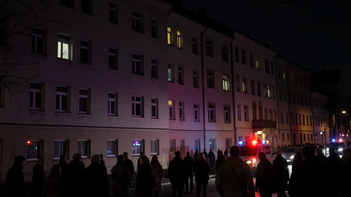 Generic image of an apartment building without power at night.