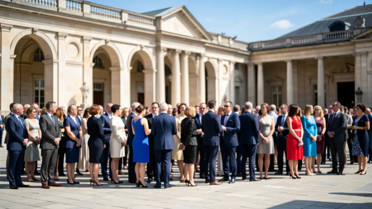 Generic image of Guardia Civil applicants in a courtyard in front of an institutional building.