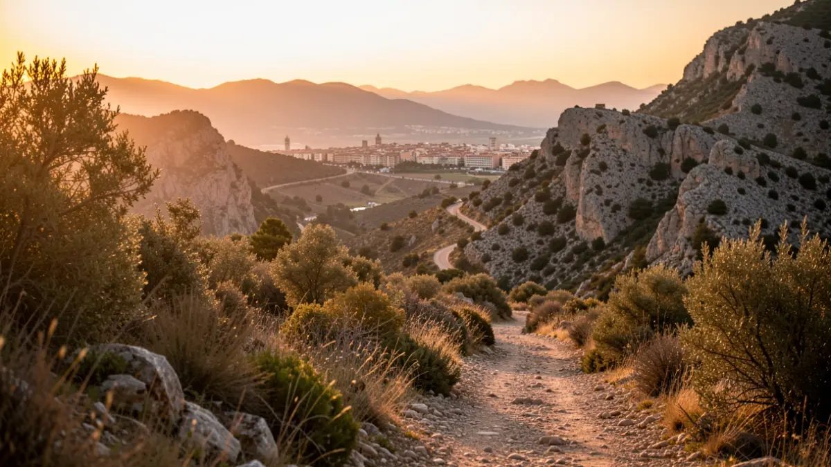 Sendero escénico en la Sierra de Gádor con Vícar al fondo al atardecer.
