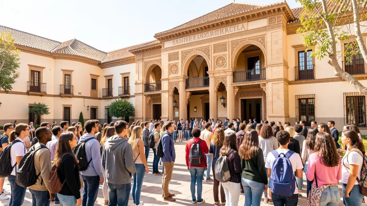 Generic image of students in front of an Andalusian university building.