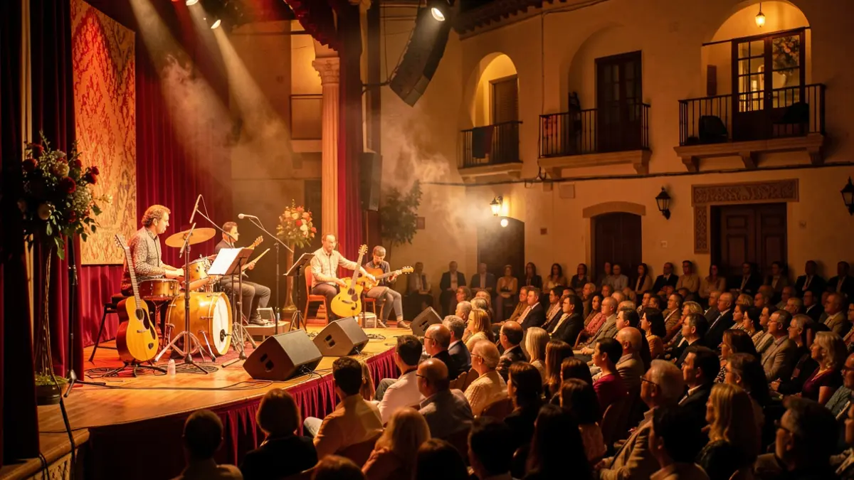 Escena de escenario con instrumentos musicales y elementos poéticos en Andalucía, con iluminación cálida.