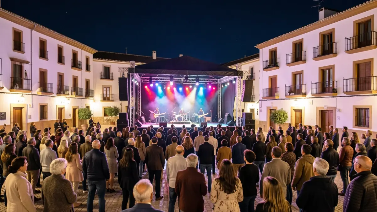 Generic scene of an outdoor concert in an Andalusian town at night.