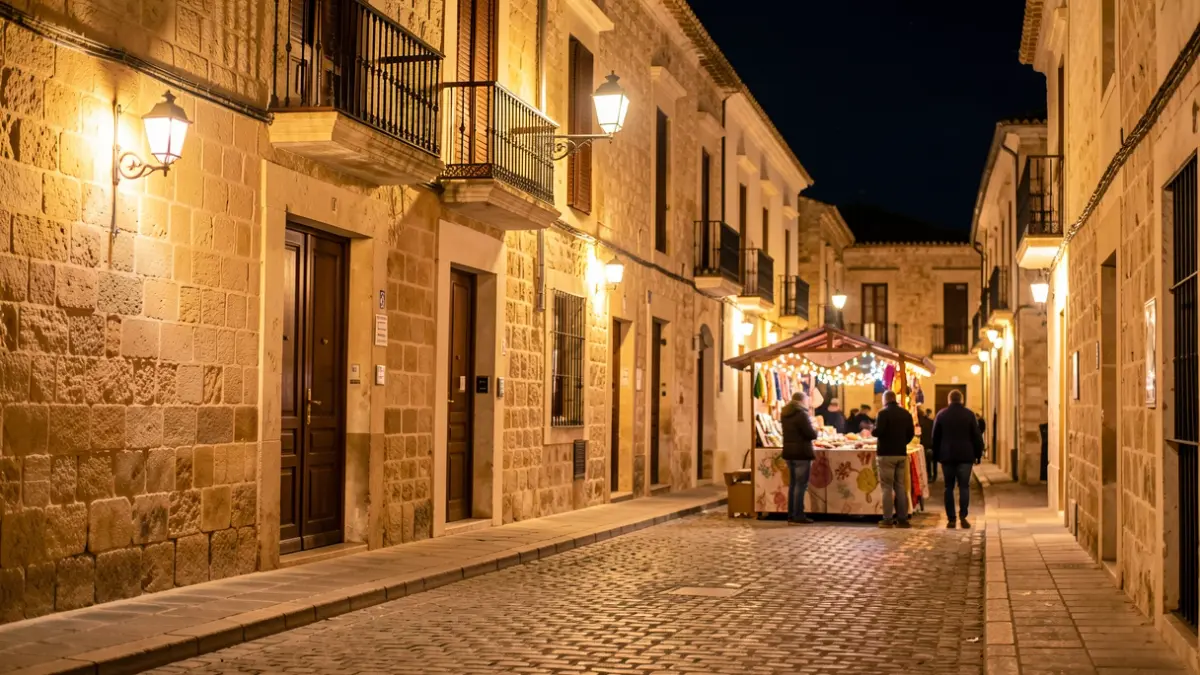 Generic image of a summer night in the historic center of Medina Sidonia, with illuminated monuments and a festive atmosphere.