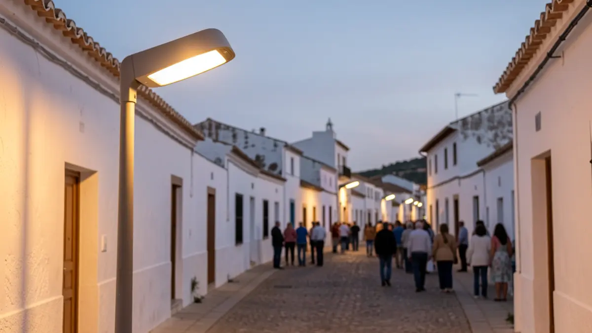 Modern LED street lamp illuminating an empty street in El Calonge, Palma del Río, at dusk.