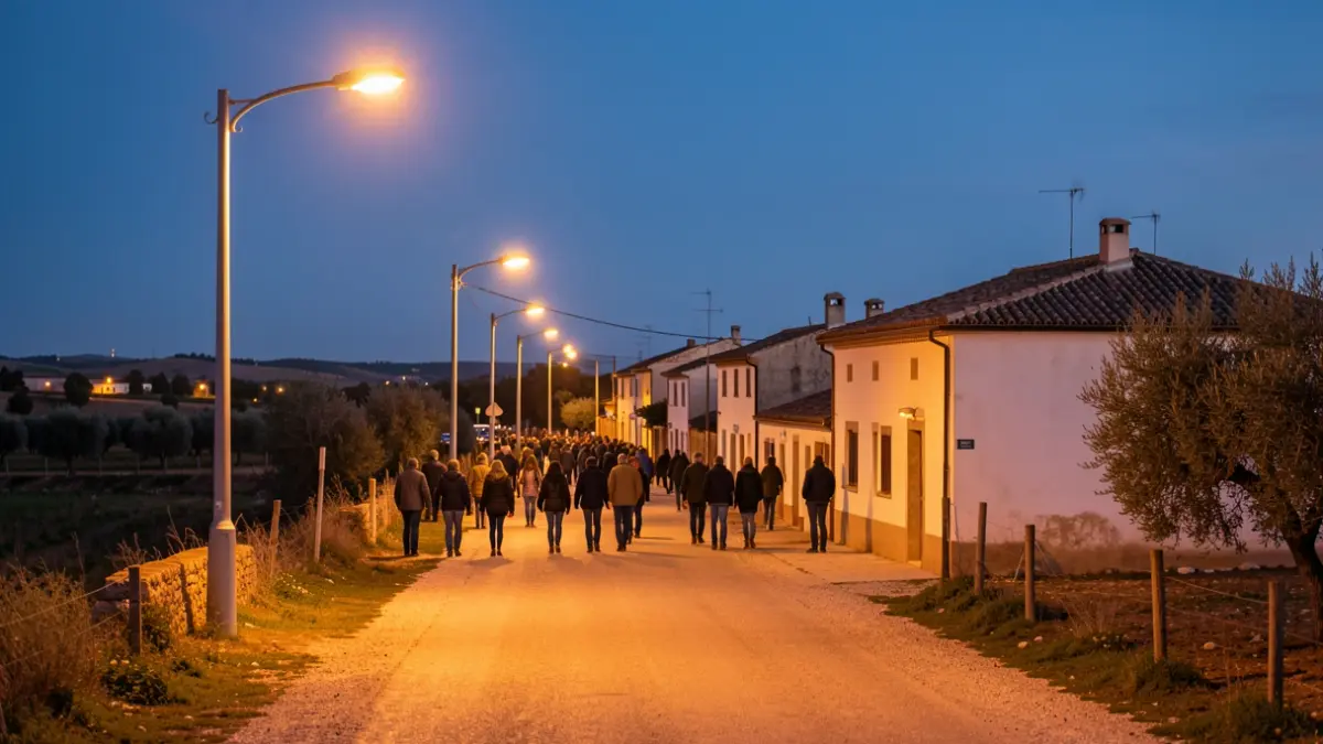Iluminación LED en una carretera rural de Andalucía al atardecer.