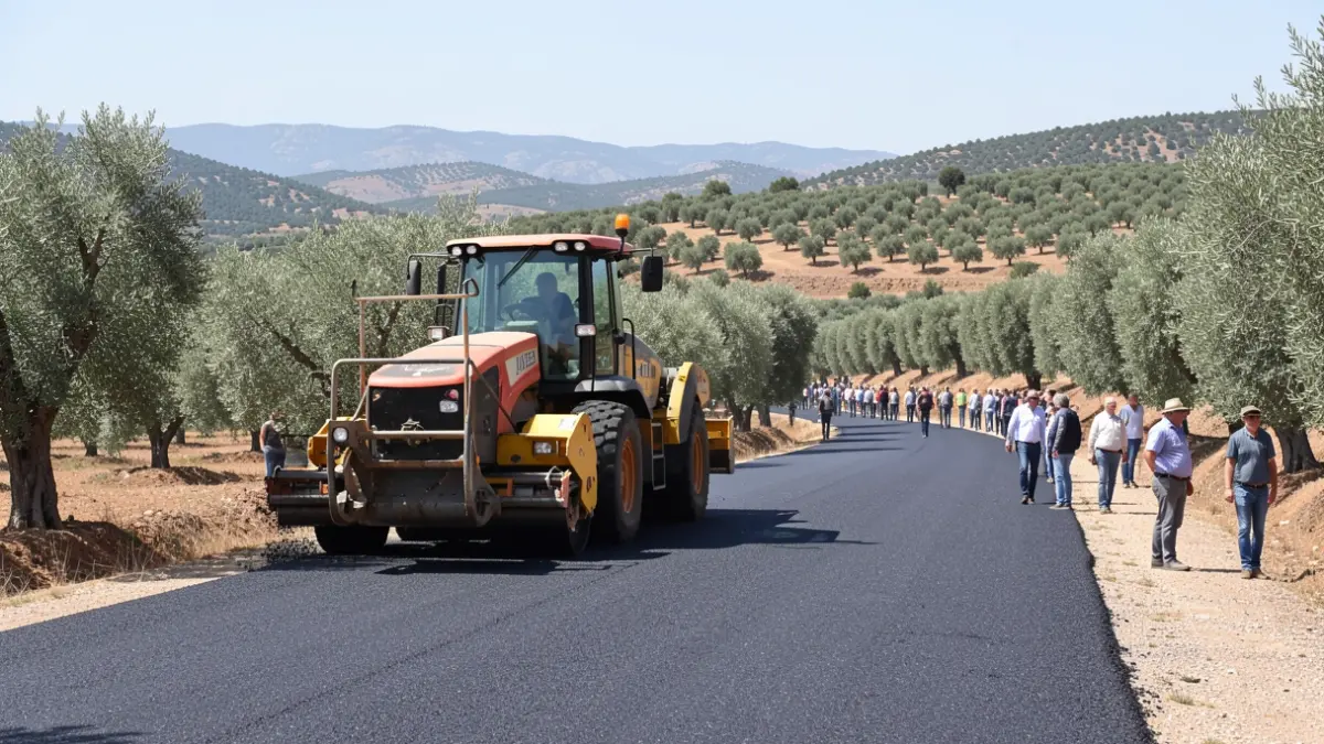 Asphalt paving machine working on the JA-3107 road between Torres and Albanchez de Mágina.