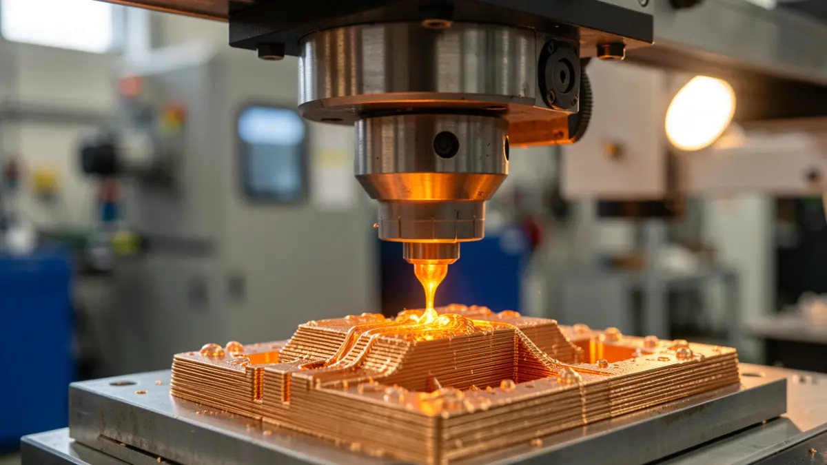 Close-up of a metal 3D printer manufacturing a part.