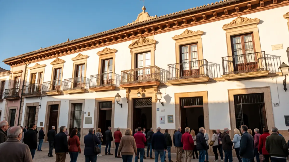 Fachada de un ayuntamiento andaluz con balcones ornamentados y barandillas de hierro, bajo la luz del sol de la tarde.