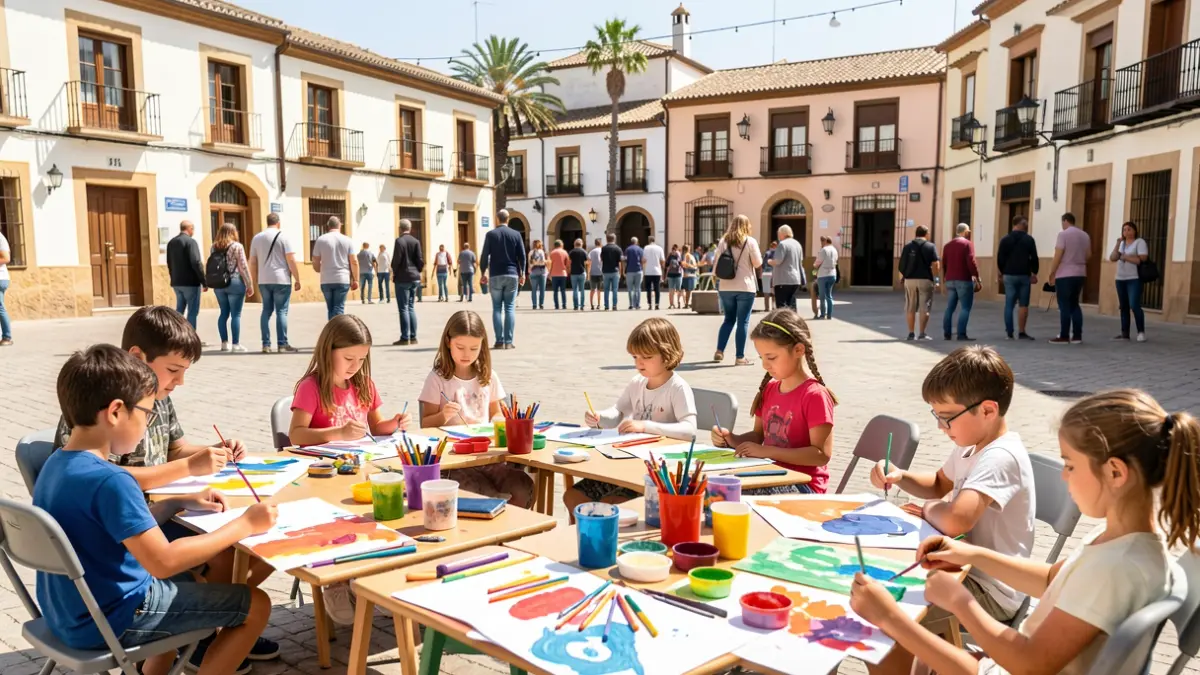 Children painting in the Plaza de la Constitución of Mengíbar during the children's contest.