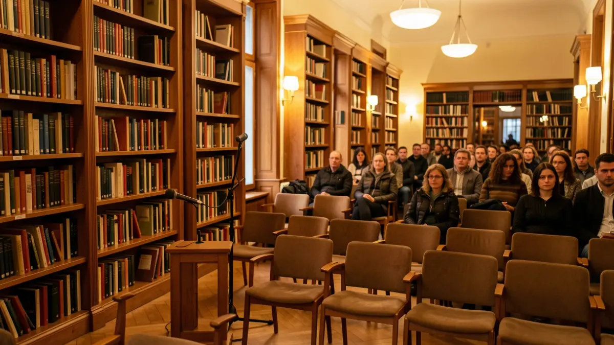 Imagen de una sala de reuniones con un micrófono, representando un espacio de participación ciudadana.