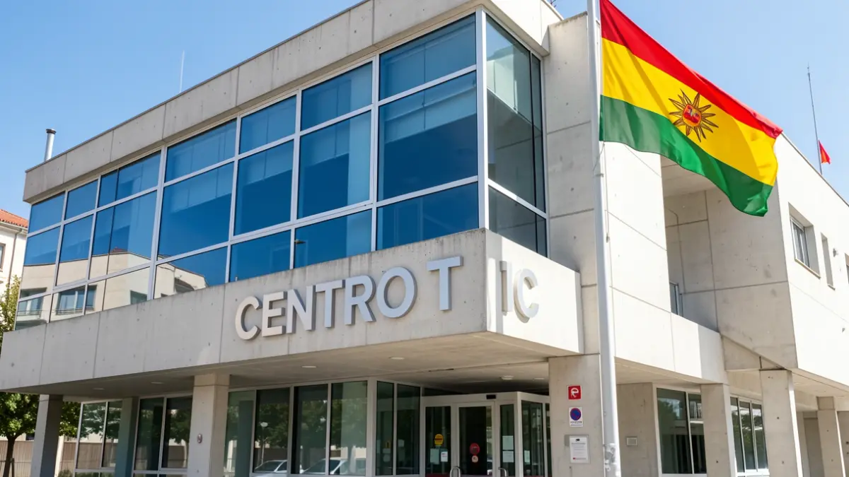 Fachada del Centro TIC del Ayuntamiento de Martos con la bandera andaluza.