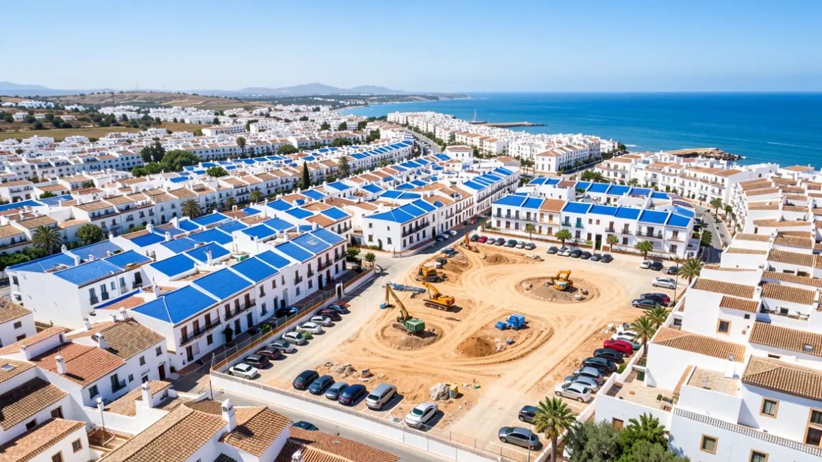Vista aérea de un municipio costero andaluz con obras de aparcamiento.