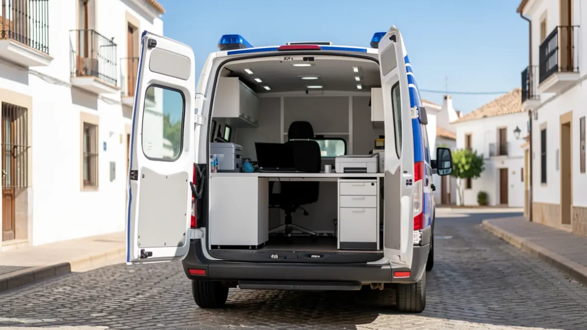 Unidad móvil de atestados de la Policía Local de Mijas con equipamiento interior.