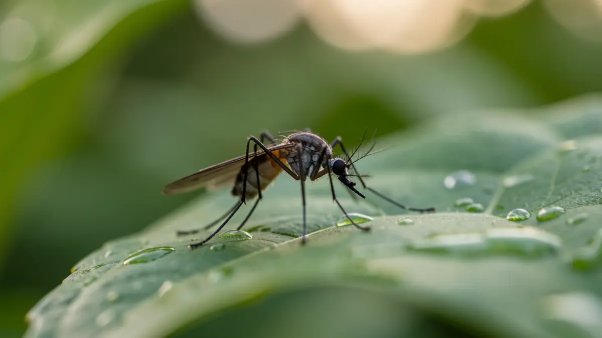 Primer plano de un mosquito sobre una hoja húmeda.