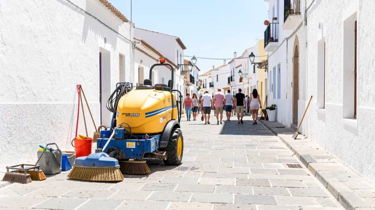 Cleaning staff working on a street in Mijas during the summer.