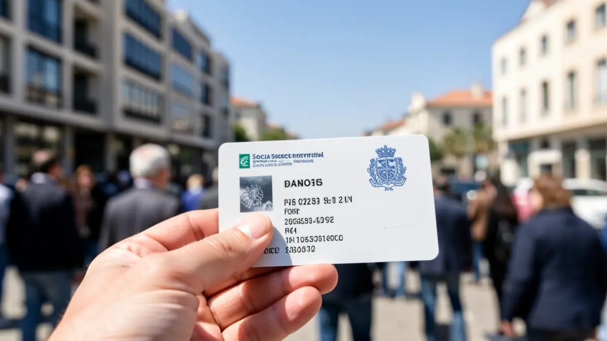 Primer plano de una mano sosteniendo una tarjeta de la Seguridad Social española, con edificios de oficinas y cielo mediterráneo al fondo.