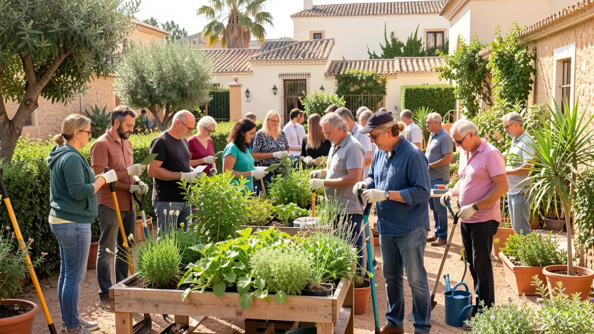 Imagen genérica de personas aprendiendo jardinería y paisajismo en un entorno soleado.