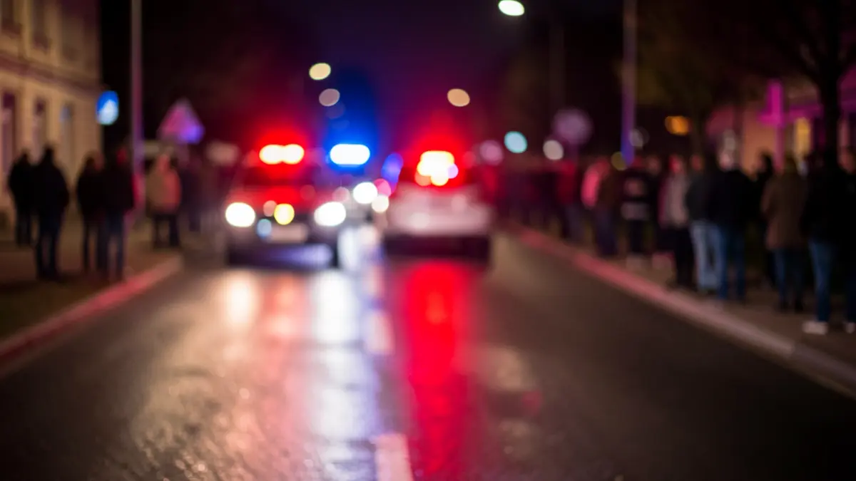 Imagen genérica de luces de emergencia policiales reflejando en asfalto mojado por la noche.