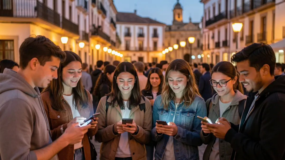 Jóvenes andaluces consultando sus móviles con el Bono Cultural Joven.
