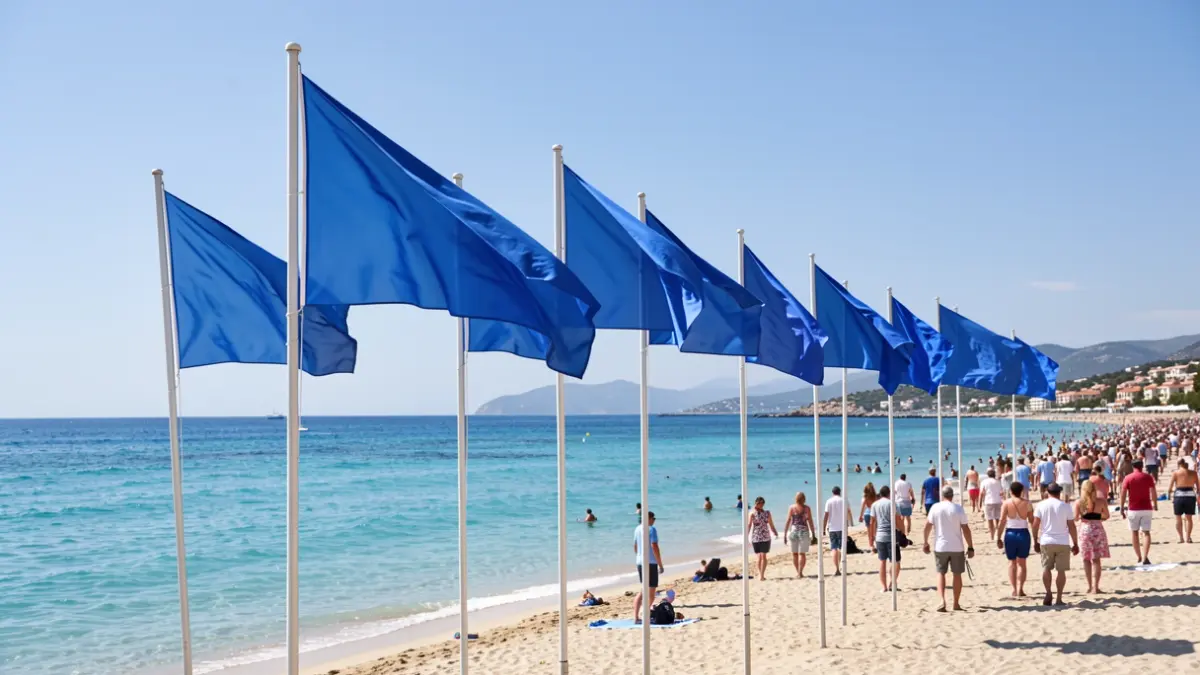 Generic image of blue flags waving on a Mediterranean beach.