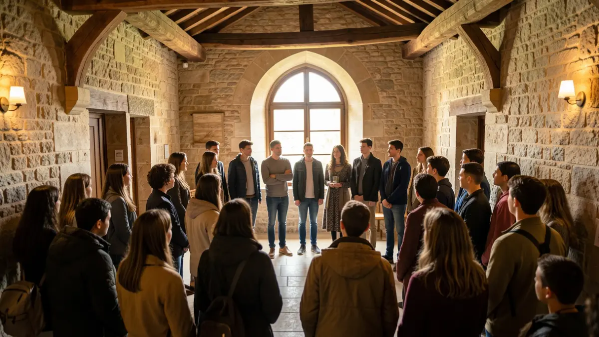 Jóvenes participantes en una actividad educativa en un edificio histórico de Montilla.