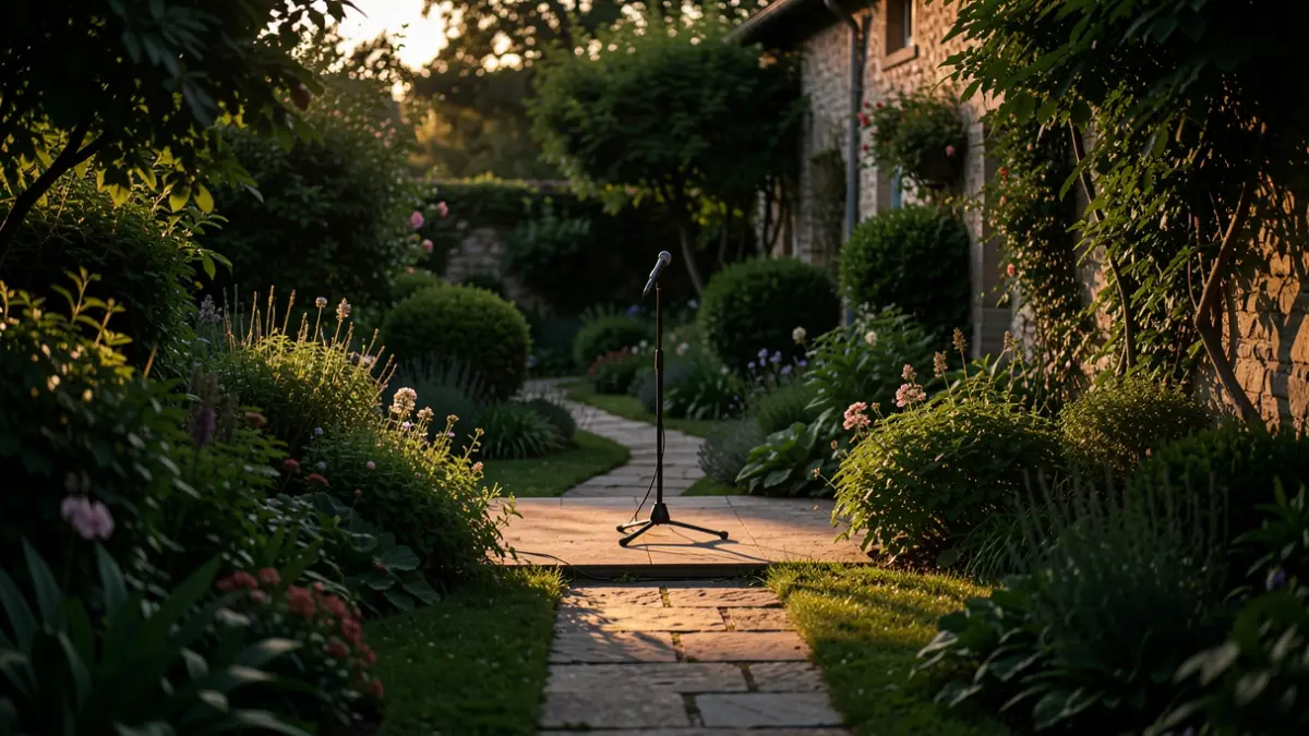 Imagen genérica de un jardín con escenario y ambiente íntimo al atardecer.