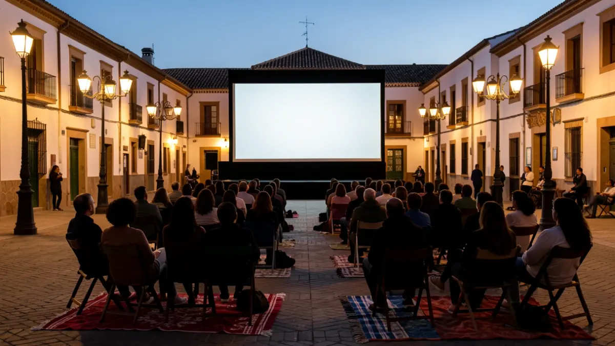 Imagen genérica de una plaza de pueblo andaluz por la noche con gente viendo cine al aire libre.