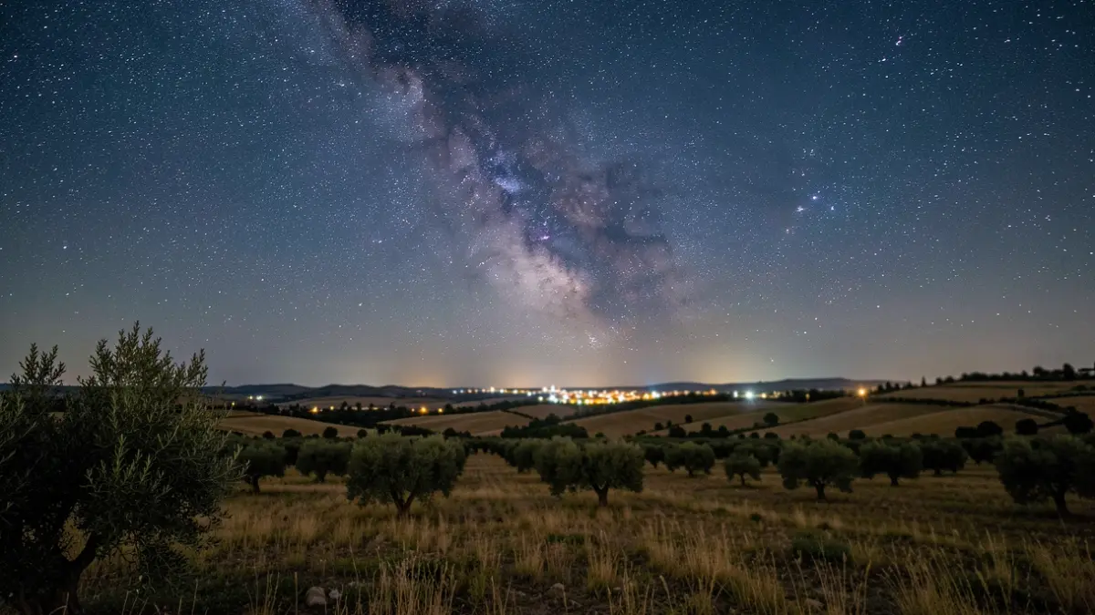 Starry night sky over an Andalusian landscape with distant lights.