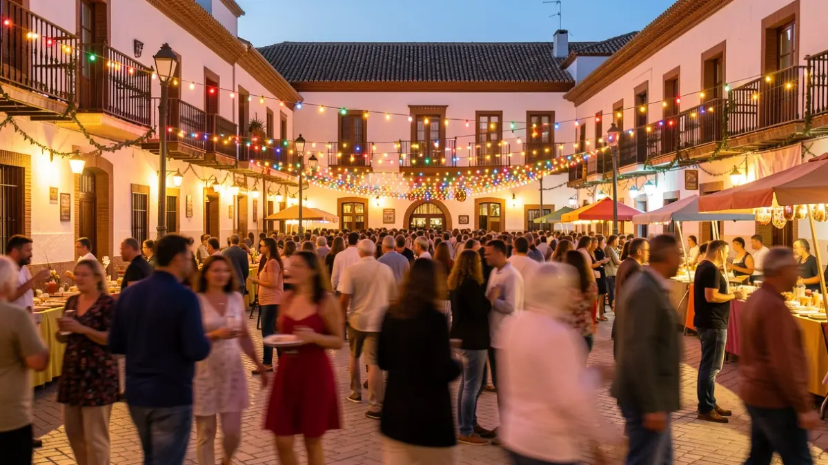 Imagen genérica de una plaza andaluza durante una fiesta popular con gente y luces.